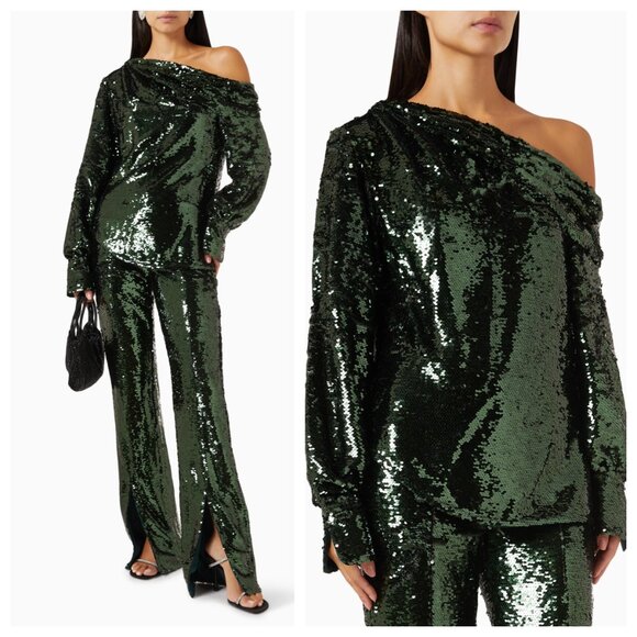 Jonathan Simkhai Alice Draped Back Sequined One-shoulder Top Emerald - Picture 1 of 5